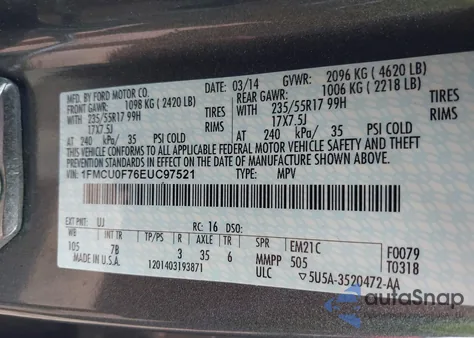 2014 Ford Escape S z USA, uszkodzony, nr VIN 1FMCU0F76EUC97521